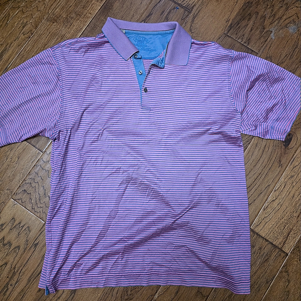 Pink and Blue Striped Men's Cutter and Buck Polo Shirt sz XL